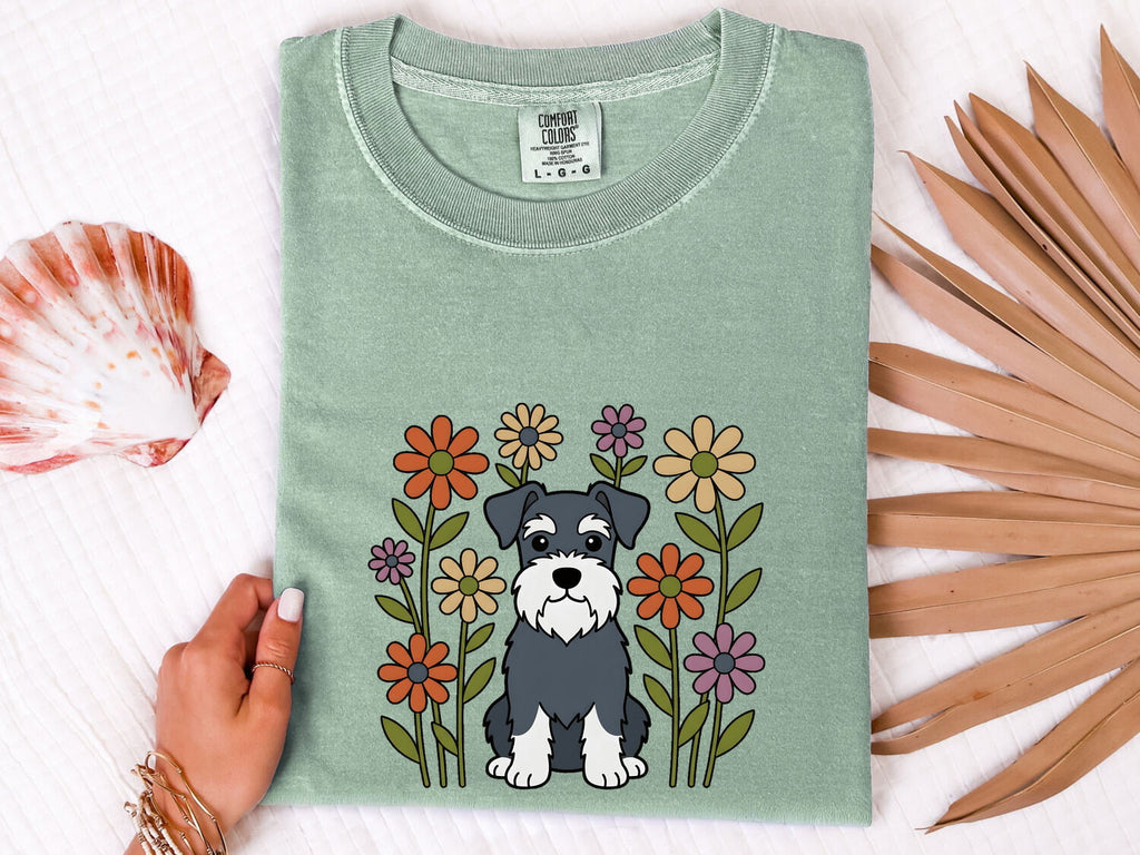 Schnauzer Shirt for Women – Floral Botanical Dog Cartoon Graphic Tee