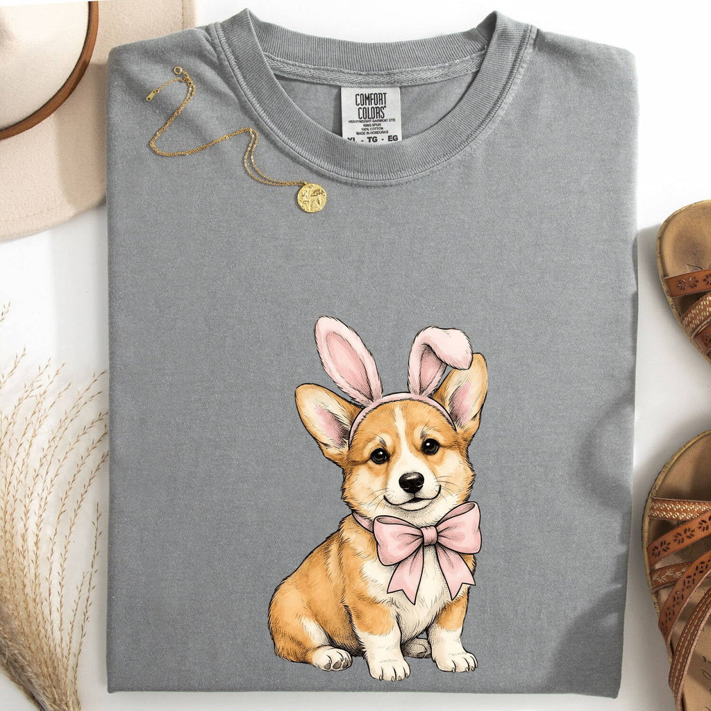Easter Corgi Shirt for Women – Cartoon Bunny & Puppy Graphic Tee