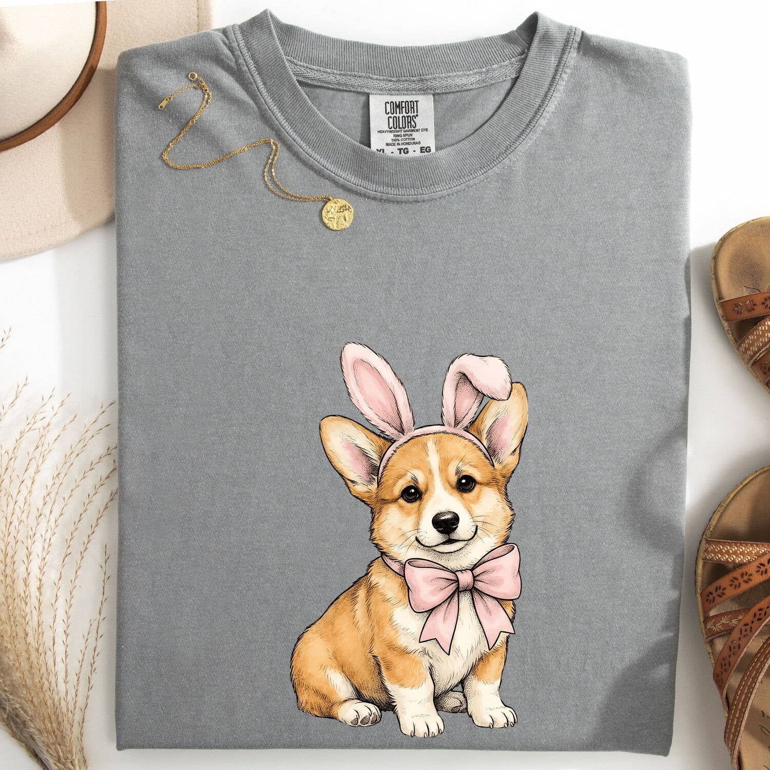 Easter Corgi Shirt for Women – Cartoon Bunny & Puppy Graphic Tee