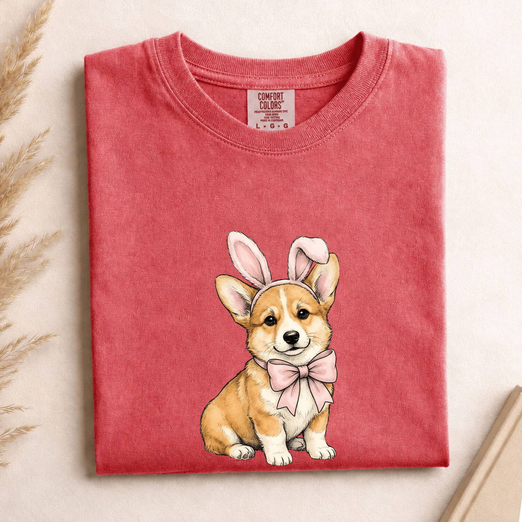 Easter Corgi Shirt for Women – Cartoon Bunny & Puppy Graphic Tee