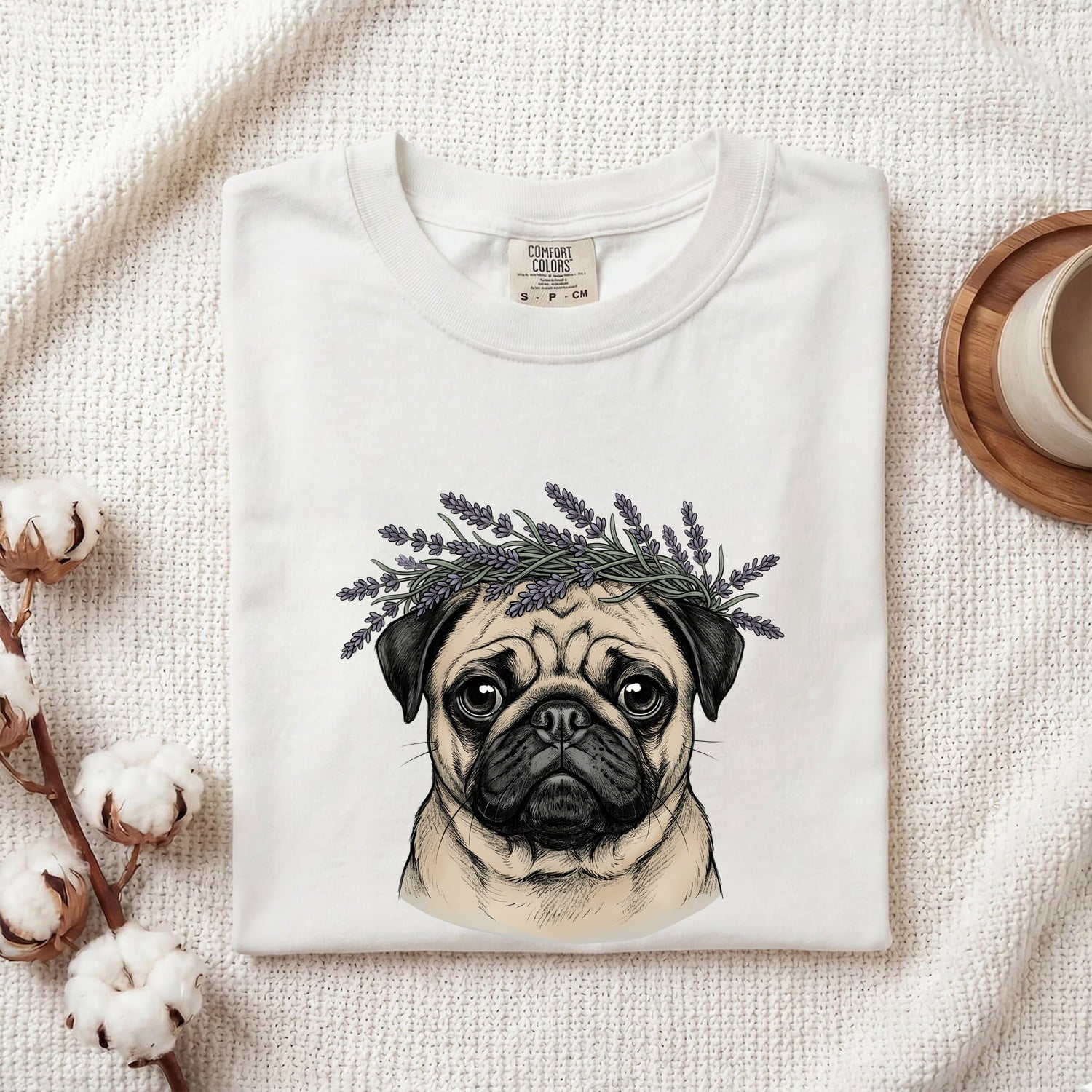 Pug Shirt for Women – Minimalist Line Art Pug & Lavender Graphic Tee
