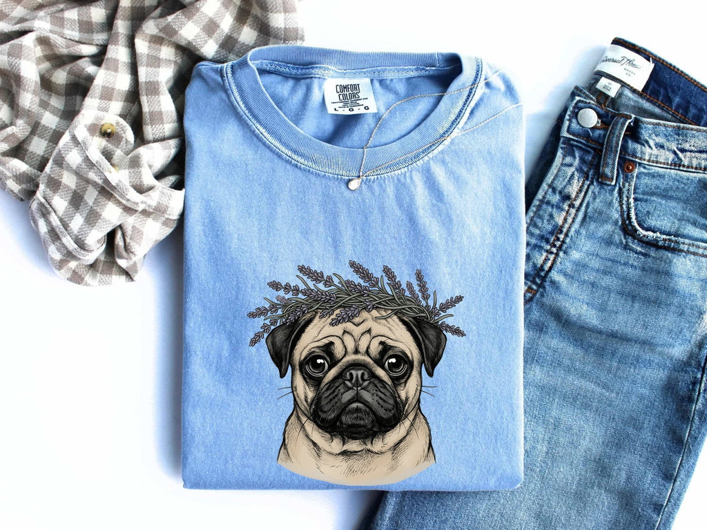 Pug Shirt for Women – Minimalist Line Art Pug & Lavender Graphic Tee