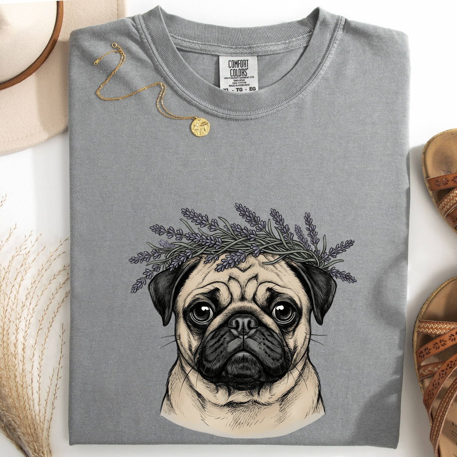 Pug Shirt for Women – Minimalist Line Art Pug & Lavender Graphic Tee
