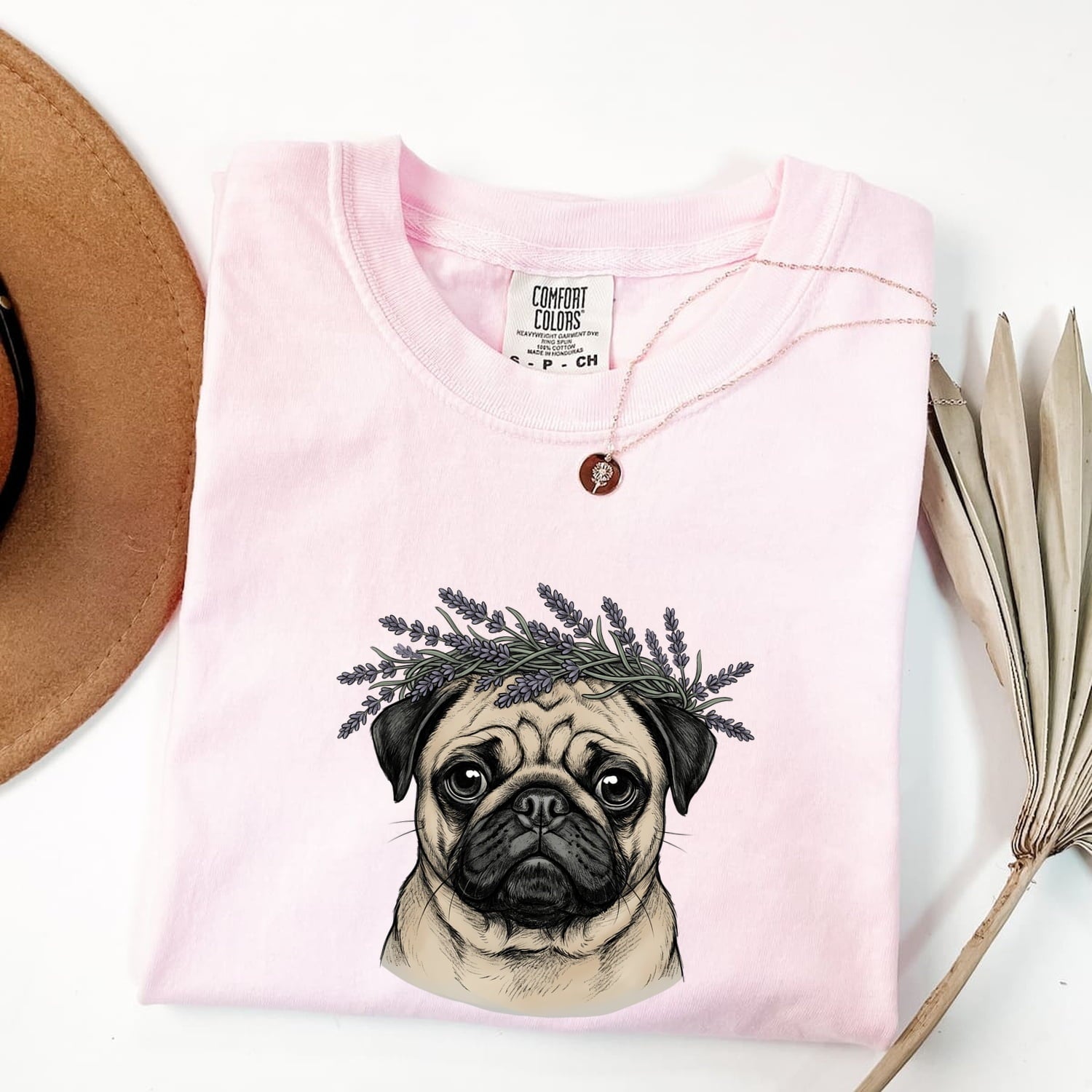 Pug Shirt for Women – Minimalist Line Art Pug & Lavender Graphic Tee
