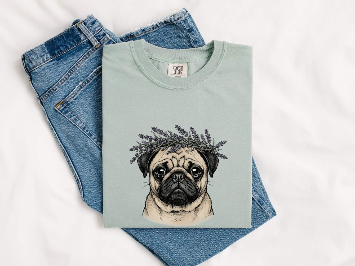 Pug Shirt for Women – Minimalist Line Art Pug & Lavender Graphic Tee