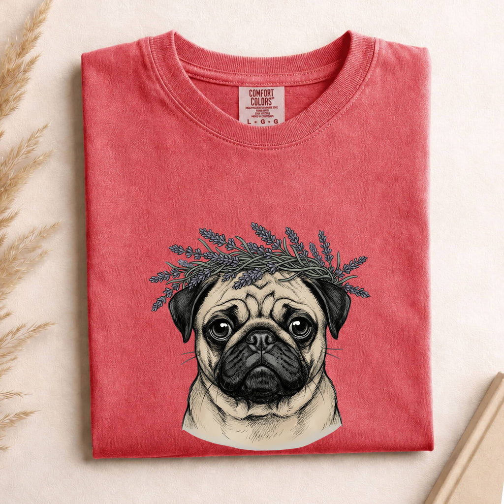 Pug Shirt for Women – Minimalist Line Art Pug & Lavender Graphic Tee
