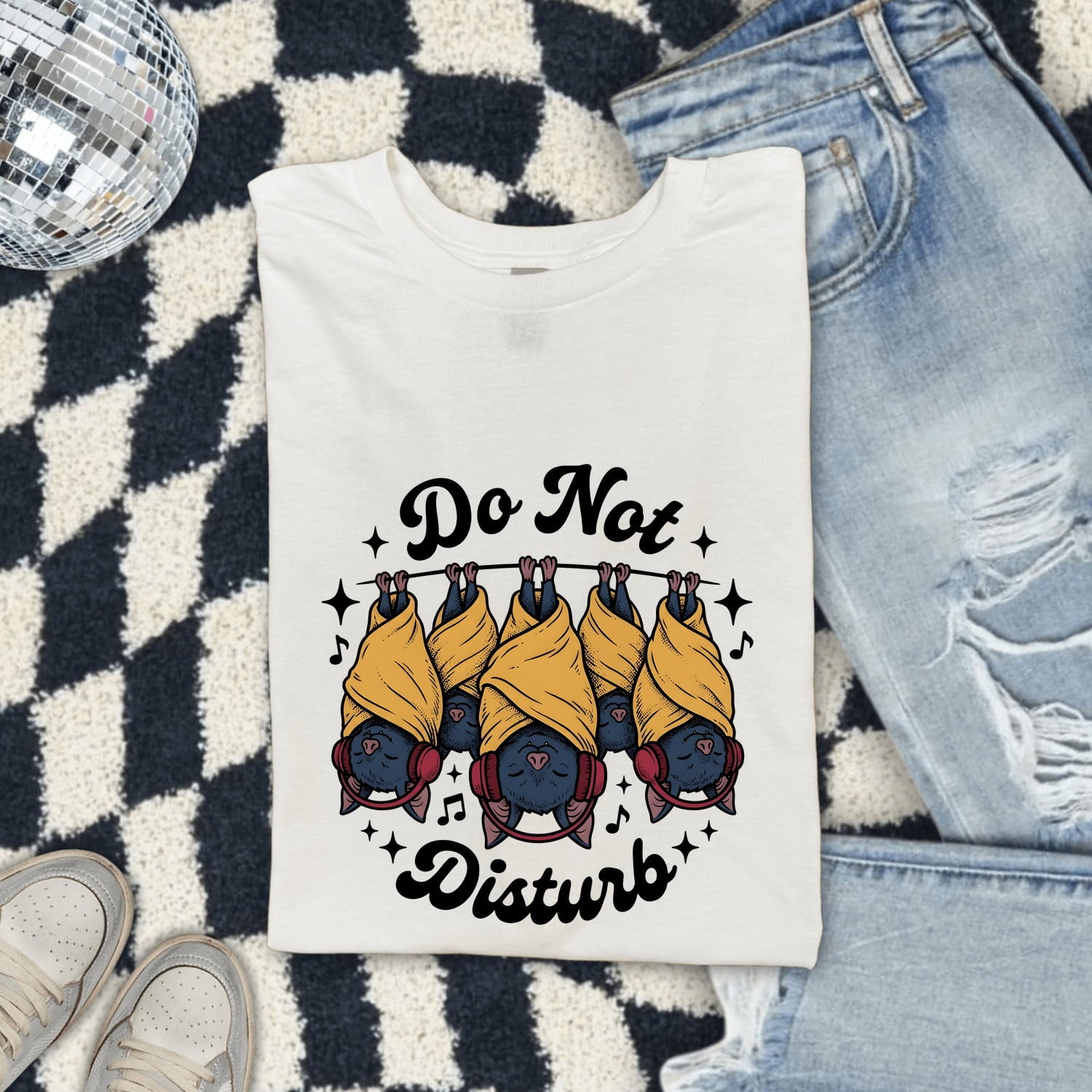 Bats Shirt Halloween Pets Gift Women Illustration Tee Flying Fox T-Shirt Spooky Fan Cartoon Tshirt Animal Graphic Hand Drawn Headphones