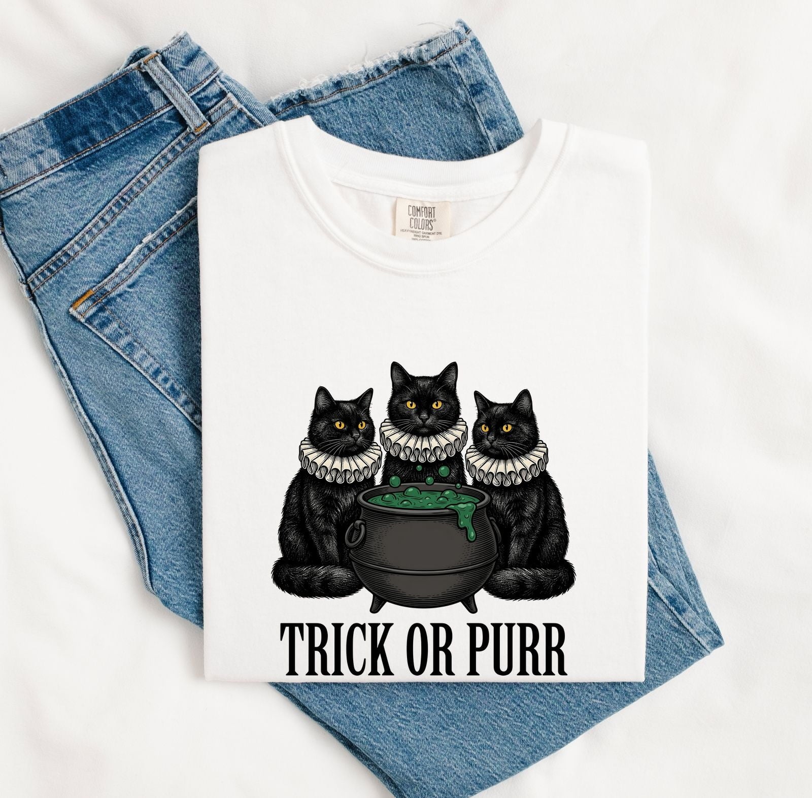 Halloween Black Cat Shirt – Spooky Witch Graphic Tee for Women
