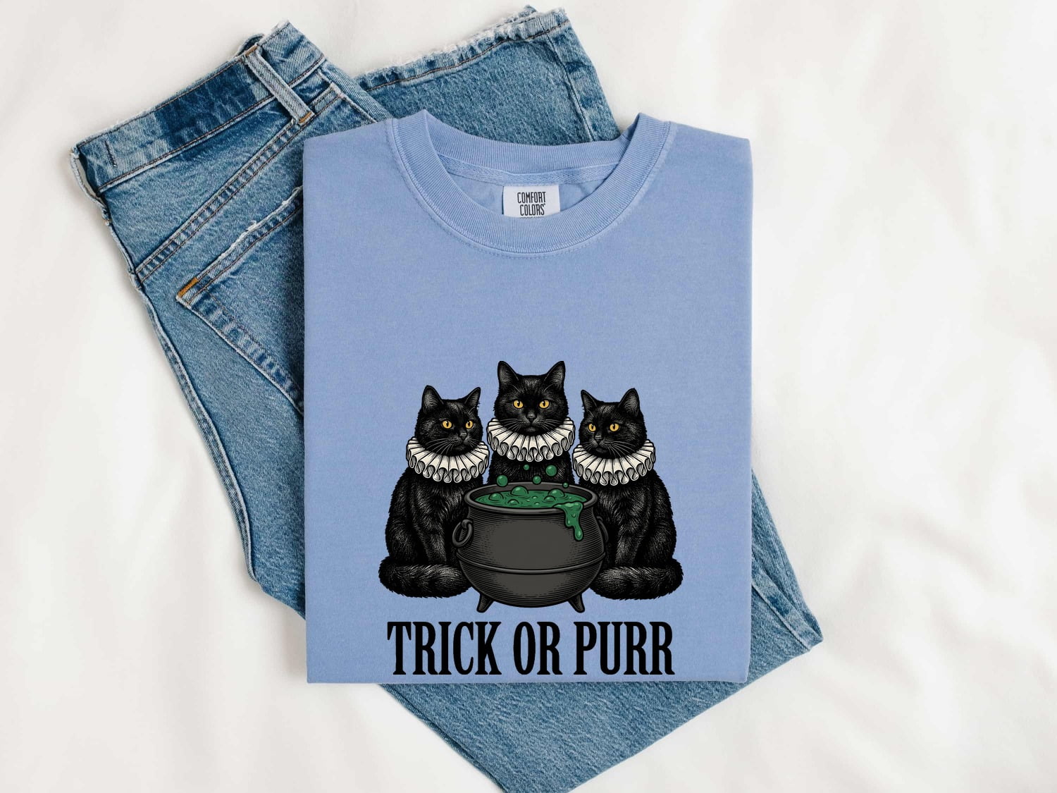 Halloween Black Cat Shirt – Spooky Witch Graphic Tee for Women