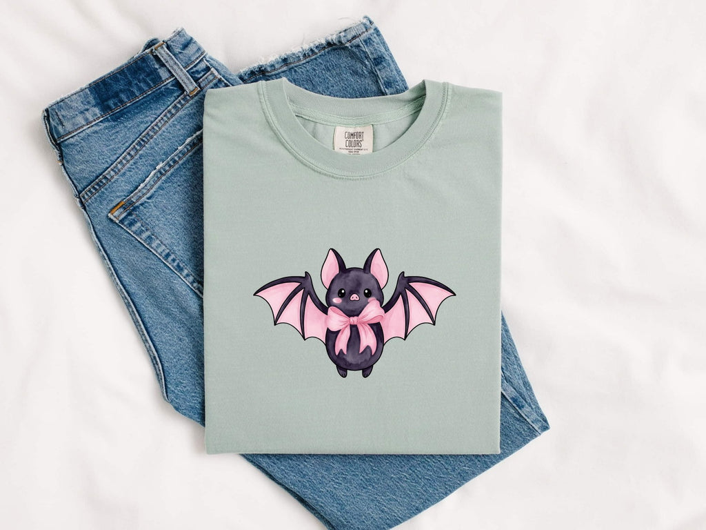Charming Bat Shirt Halloween Pets Gift Women Anime Tee Flying Fox T-Shirt Spooky Fan Manga Tshirt Animal Graphic Marker Blush Bow Tshirt