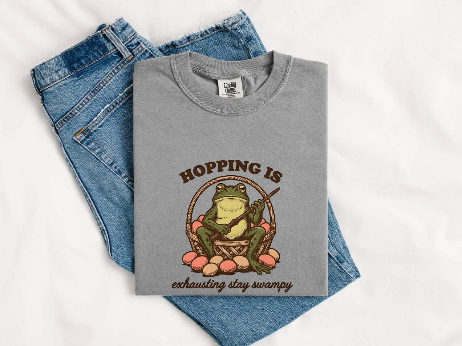Frog Basket Shirt Easter Pets Gift Women Rustic Tee Wicker T-Shirt Easter Fan Handmade Tshirt Animal Graphic Pencil Drawing Eggs Tshirt