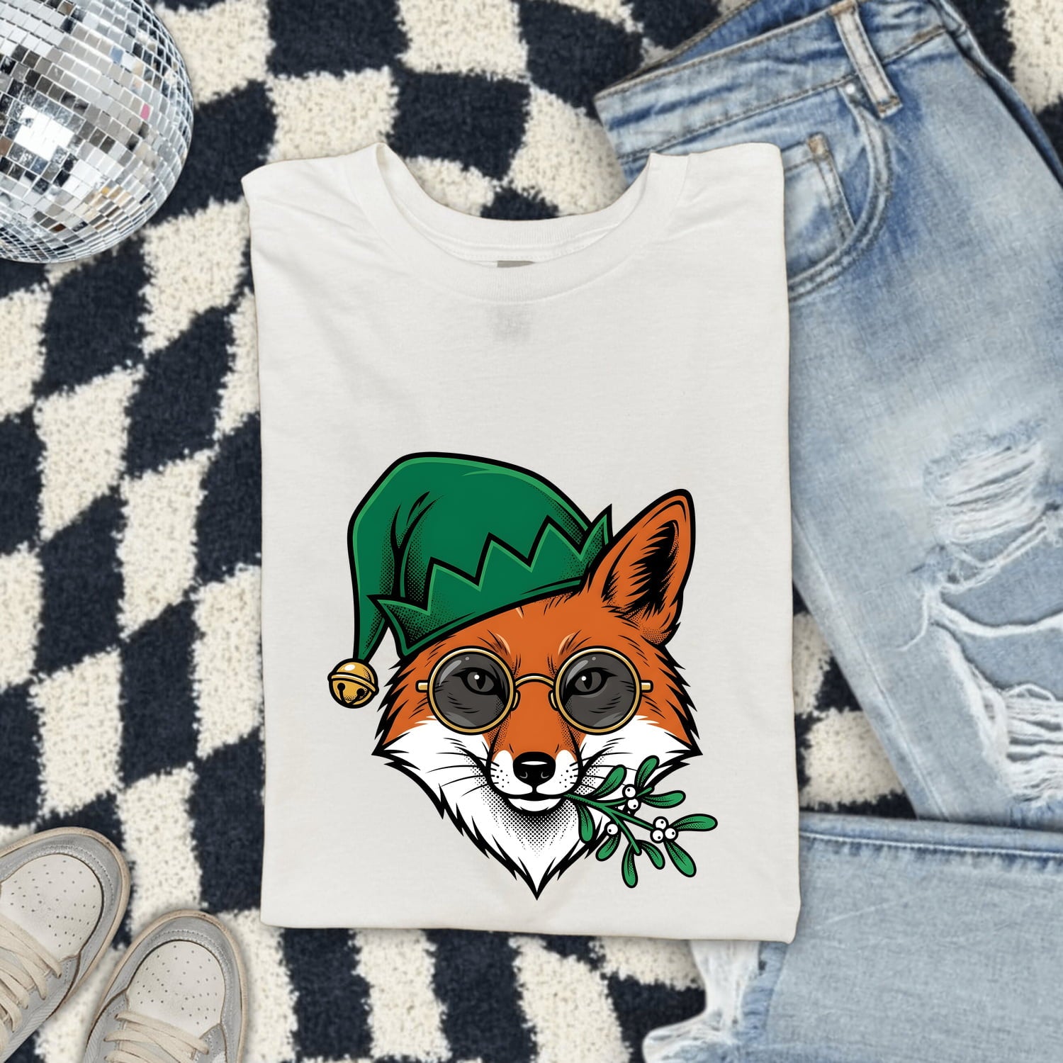 Fox Spectacles Shirt Christmas Pets Gift Women Caricature Tee Glasses T-Shirt Xmas Fan Eyewear Tshirt Animal Graphic Hand Drawn Holiday Hat