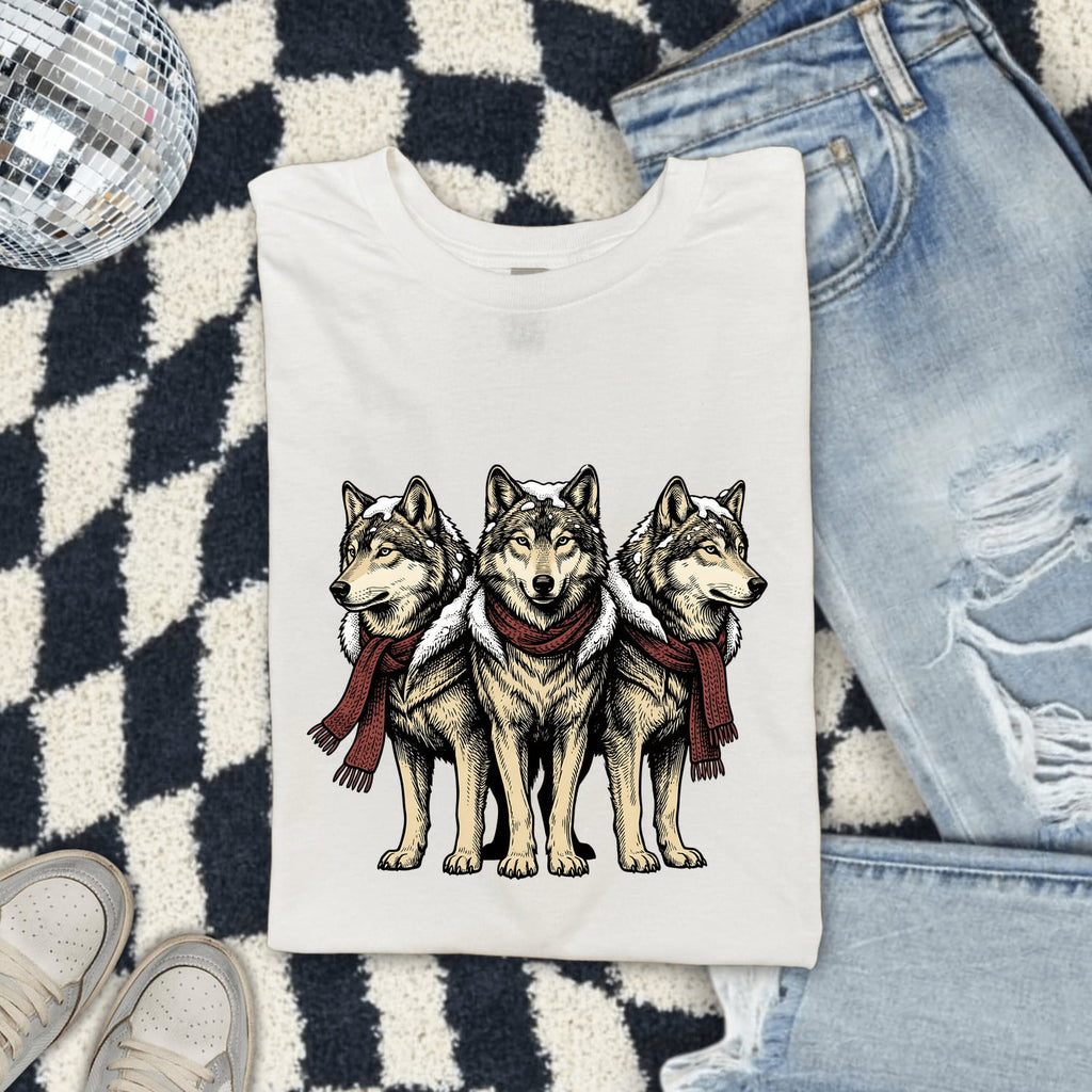 Christmas Wolf Shirt for Women – Holiday Wolf Pack Line Art Graphic Tee