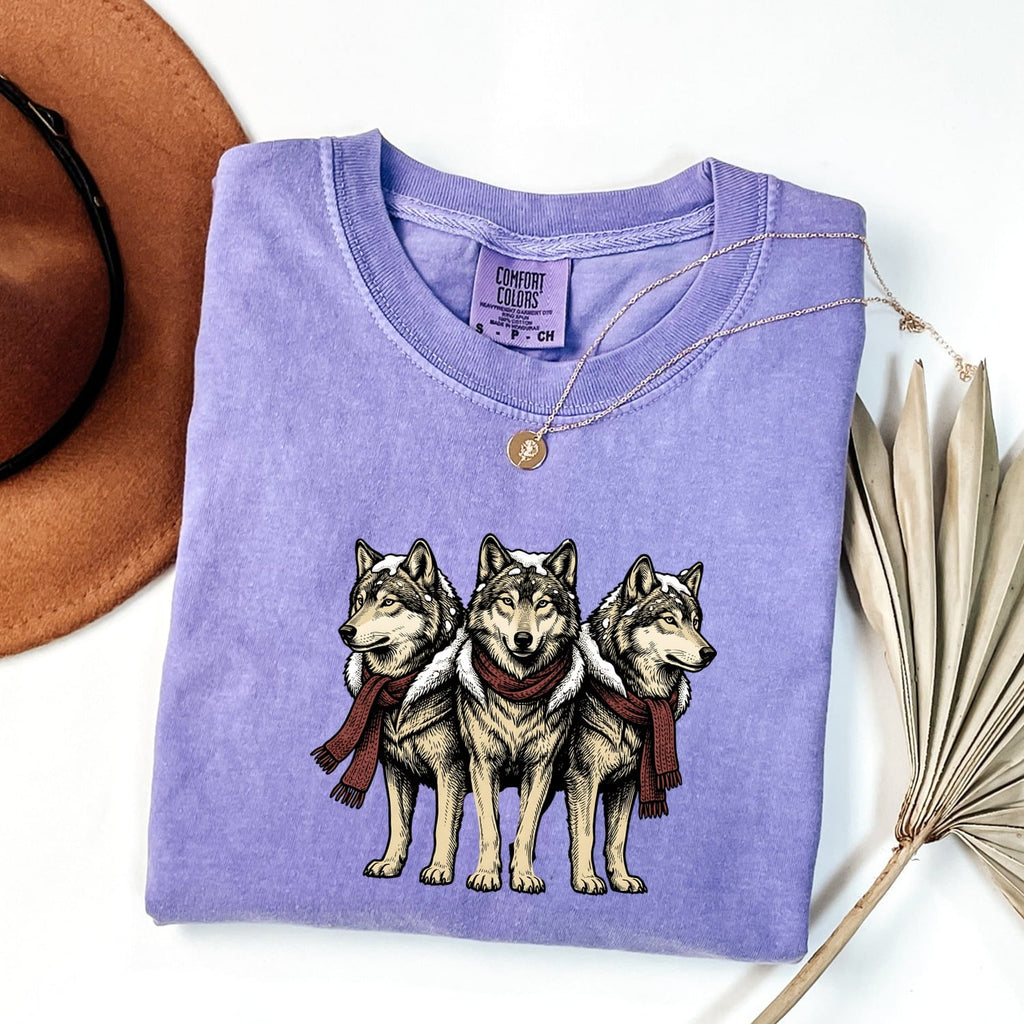Christmas Wolf Shirt for Women – Holiday Wolf Pack Line Art Graphic Tee