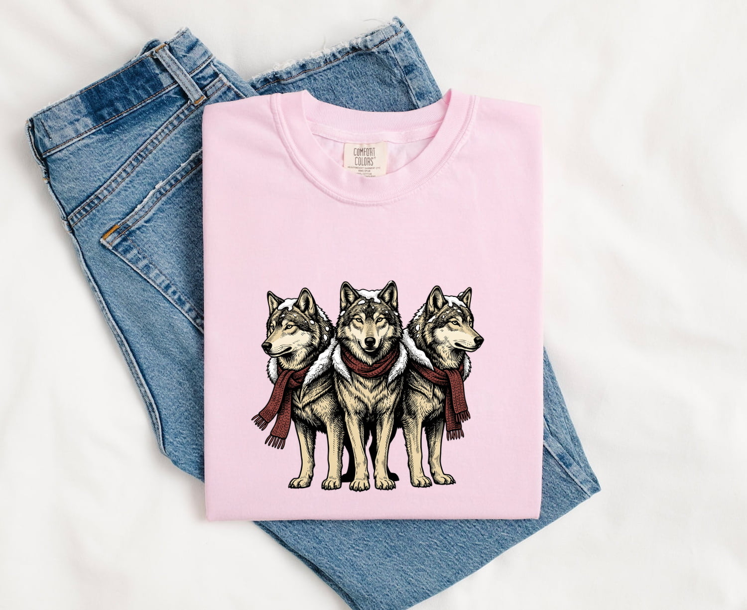 Christmas Wolf Shirt for Women – Holiday Wolf Pack Line Art Graphic Tee