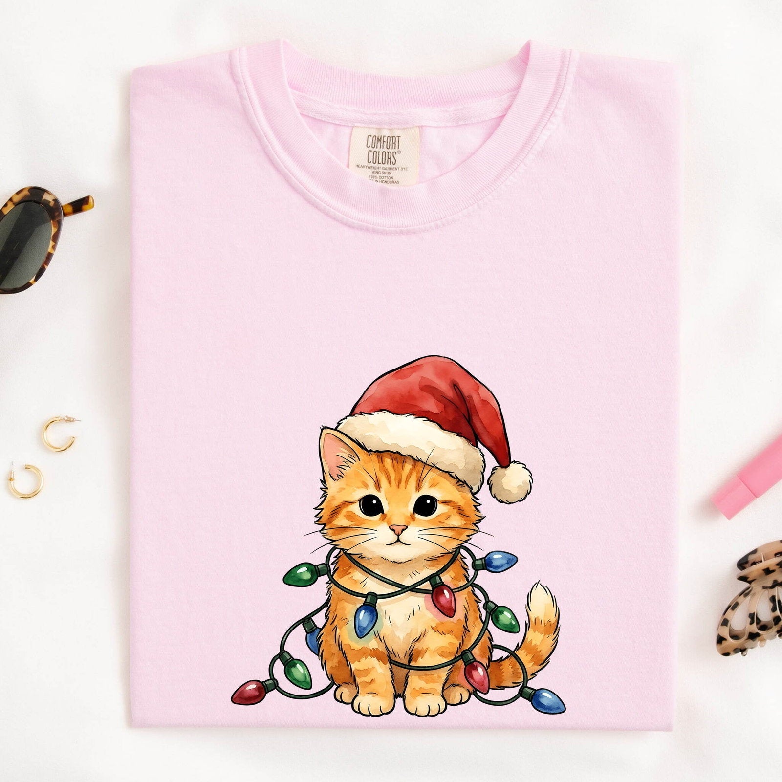 Ginger Kitty Shirt Christmas Pet Gift Women Adorable Tee Cat T-Shirt Xmas Fan Cute Tshirt Animal Graphic Brushwork Holiday Hat Tshirt
