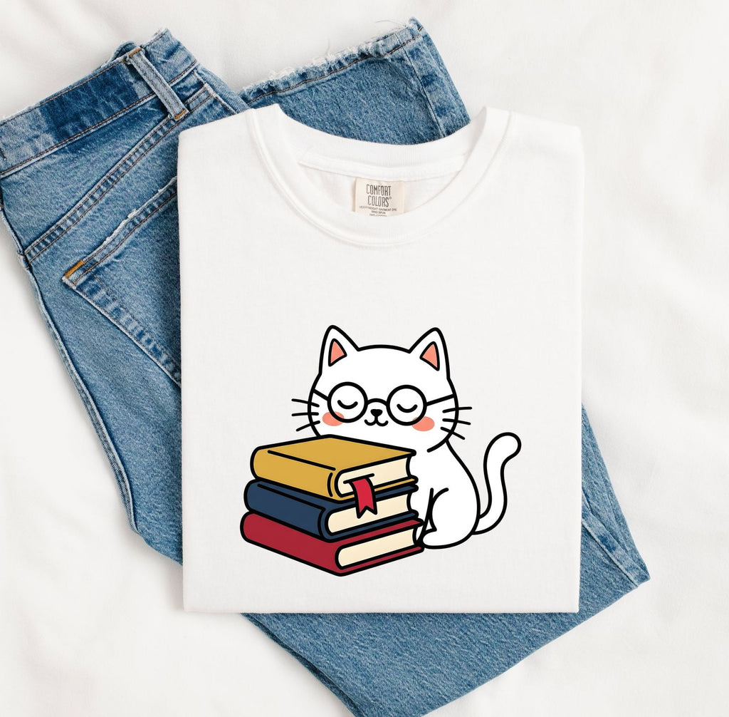 Cat Glasses Shirt Cat Bookworm Gift Women Kawaii Tee Spectacles T-Shirt Feline Fan Cute Tshirt Bibliophile Graphic Cartoon Books Tshirt