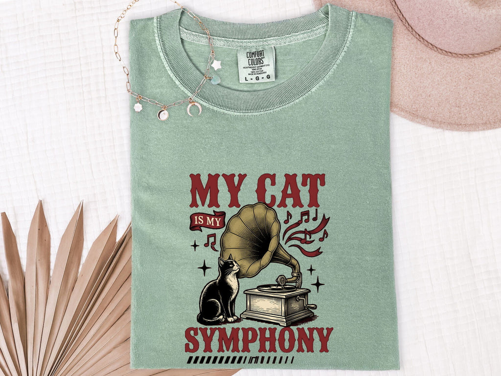 Cat Phonograph Shirt Cat Music Gift Women Vintage Tee Gramophone T-Shirt Feline Fan Retro Tshirt Melody Graphic Hand Drawn Music Notes
