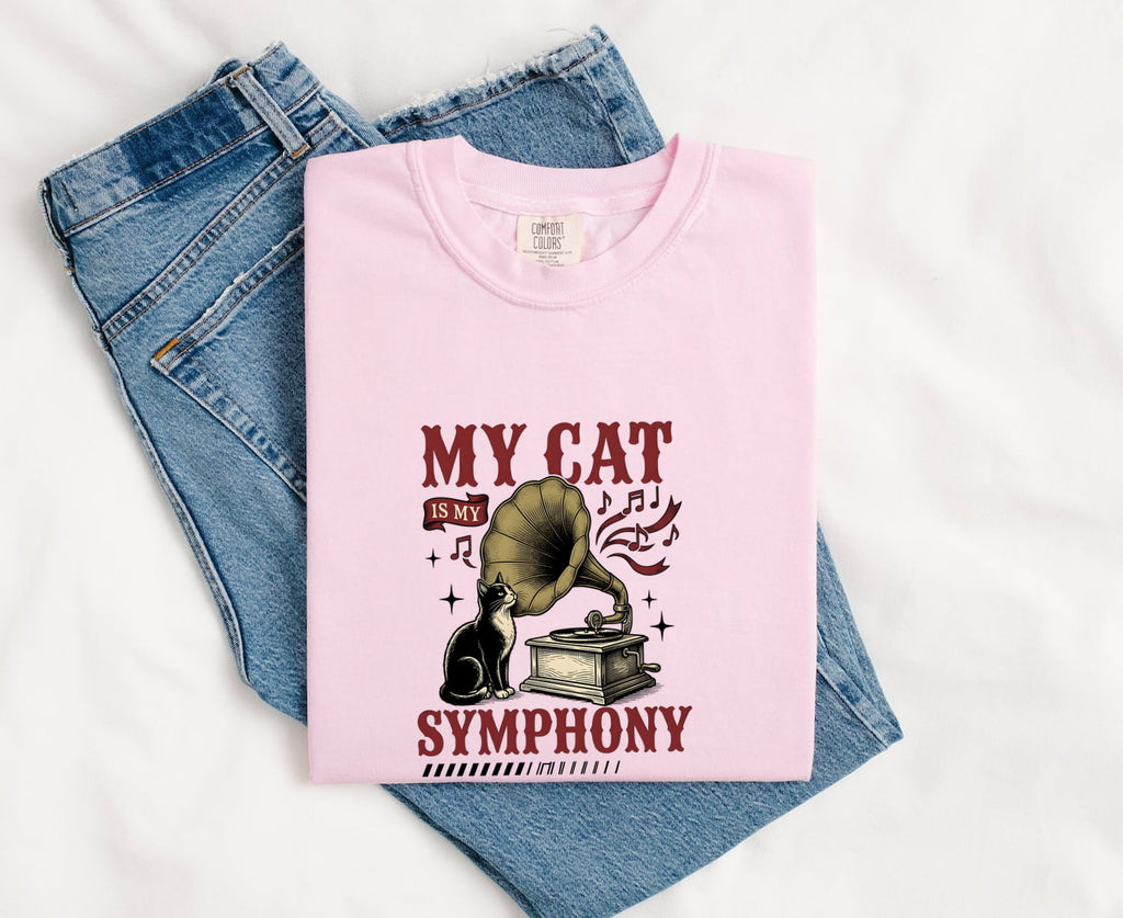 Cat Phonograph Shirt Cat Music Gift Women Vintage Tee Gramophone T-Shirt Feline Fan Retro Tshirt Melody Graphic Hand Drawn Music Notes