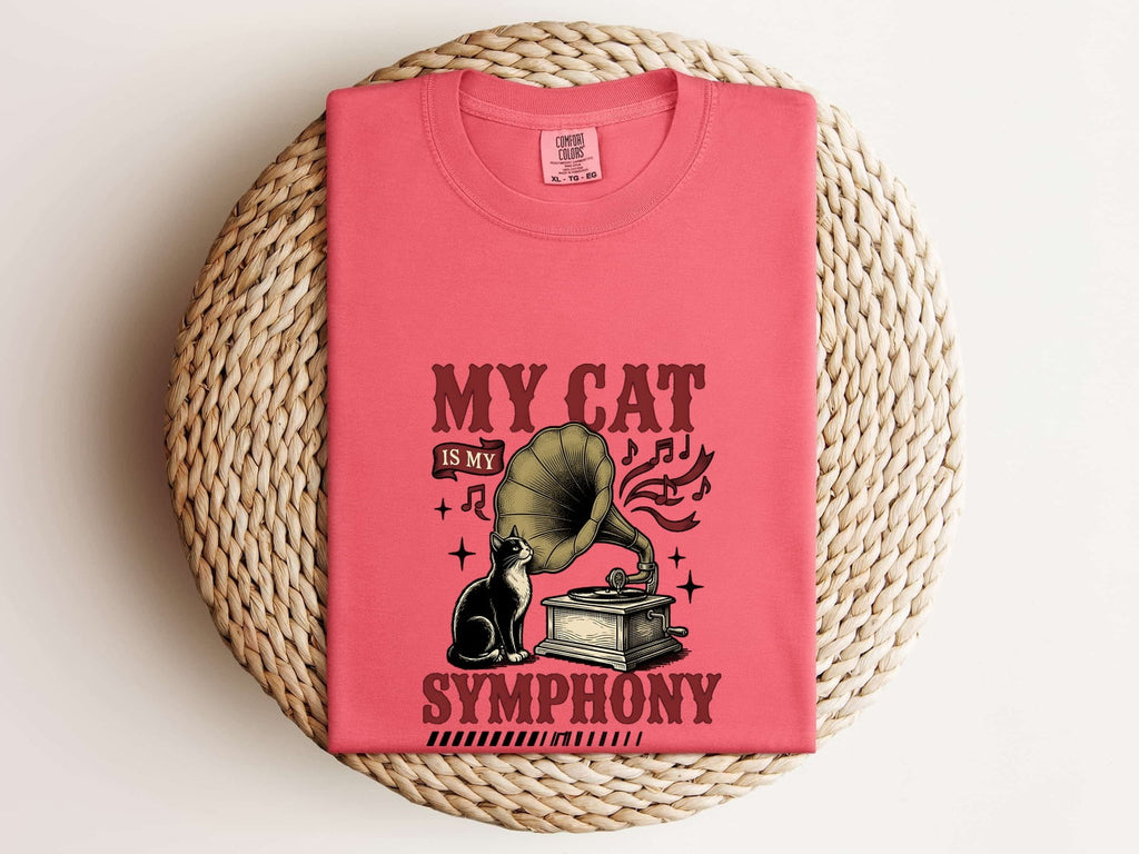 Cat Phonograph Shirt Cat Music Gift Women Vintage Tee Gramophone T-Shirt Feline Fan Retro Tshirt Melody Graphic Hand Drawn Music Notes