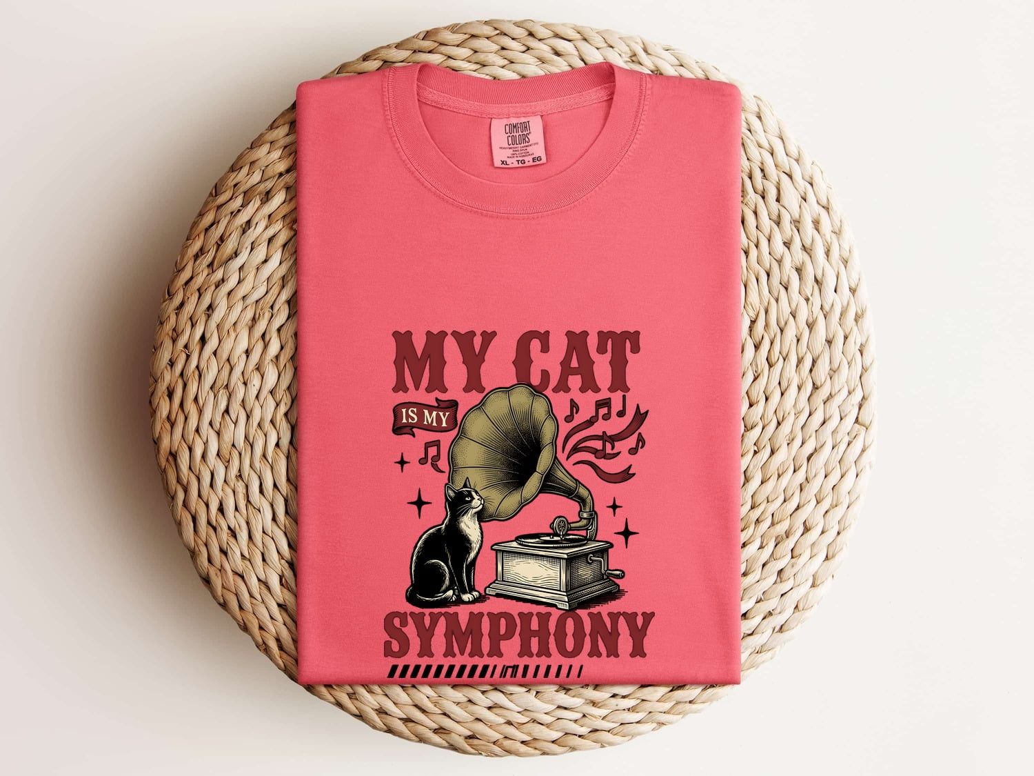 Cat Phonograph Shirt Cat Music Gift Women Vintage Tee Gramophone T-Shirt Feline Fan Retro Tshirt Melody Graphic Hand Drawn Music Notes