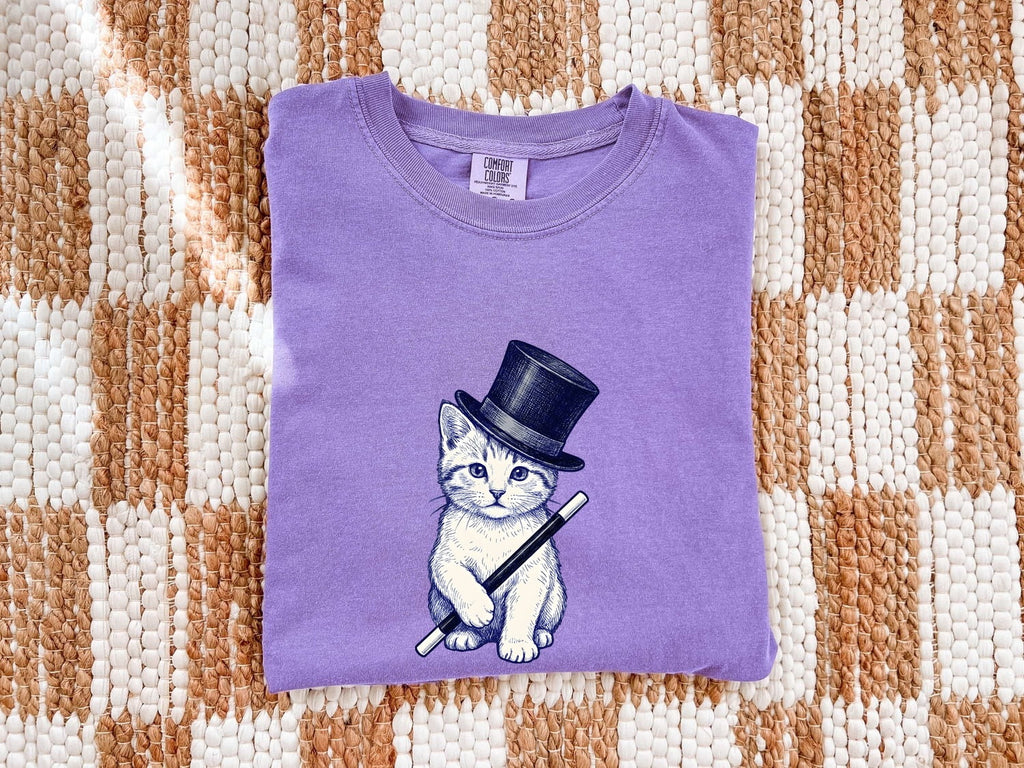 Cat Top Hat Shirt Cat Wizardry Gift Women Doodle Tee Feline T-Shirt Cat Fan Kitty Tshirt Magic Graphic Comic Wizard Stick Tshirt