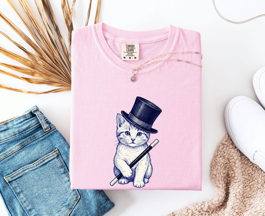 Cat Top Hat Shirt Cat Wizardry Gift Women Doodle Tee Feline T-Shirt Cat Fan Kitty Tshirt Magic Graphic Comic Wizard Stick Tshirt