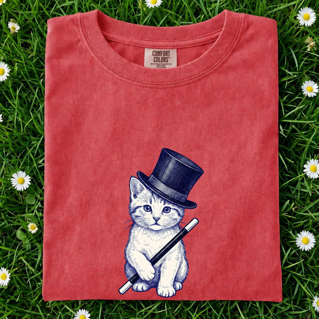 Cat Top Hat Shirt Cat Wizardry Gift Women Doodle Tee Feline T-Shirt Cat Fan Kitty Tshirt Magic Graphic Comic Wizard Stick Tshirt