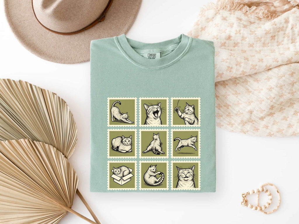 Cat Postage Shirt Cat Pet Gift Women Doodle Tee Stamp T-Shirt Cat Fan Feline Tshirt Animal Graphic Minimalist Crate Tshirt