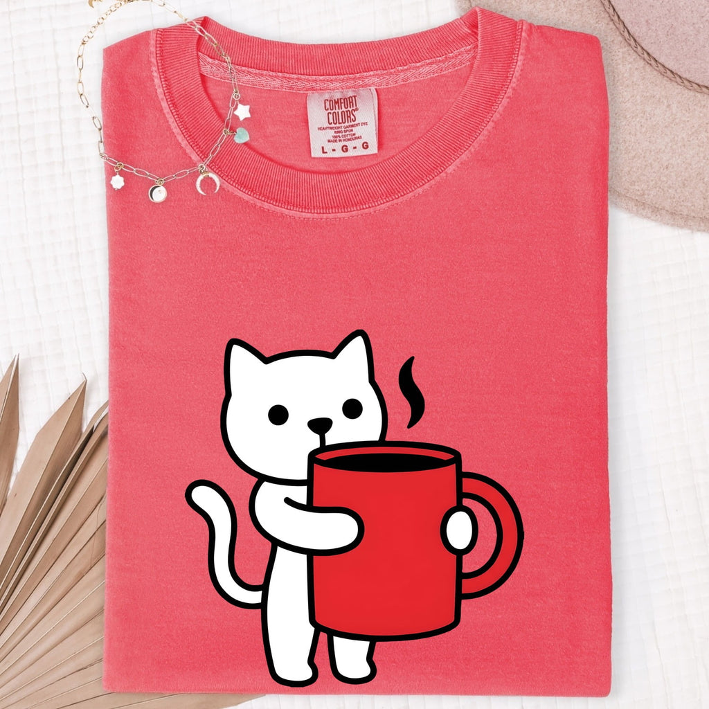 Cat Coffee Cup Shirt Coffee Cat Gift Women Kawaii Tee Feline T-Shirt Coffee Fan Kitty Graphic Tshirt Minimalist Mug Tshirt