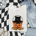 Black Cat Shirt Halloween Cat Gift Women Vintage Tee Kitty T-Shirt Horror Fan Retro Tshirt Feline Graphic Hand Drawn Pumpkin Bucket Tshirt