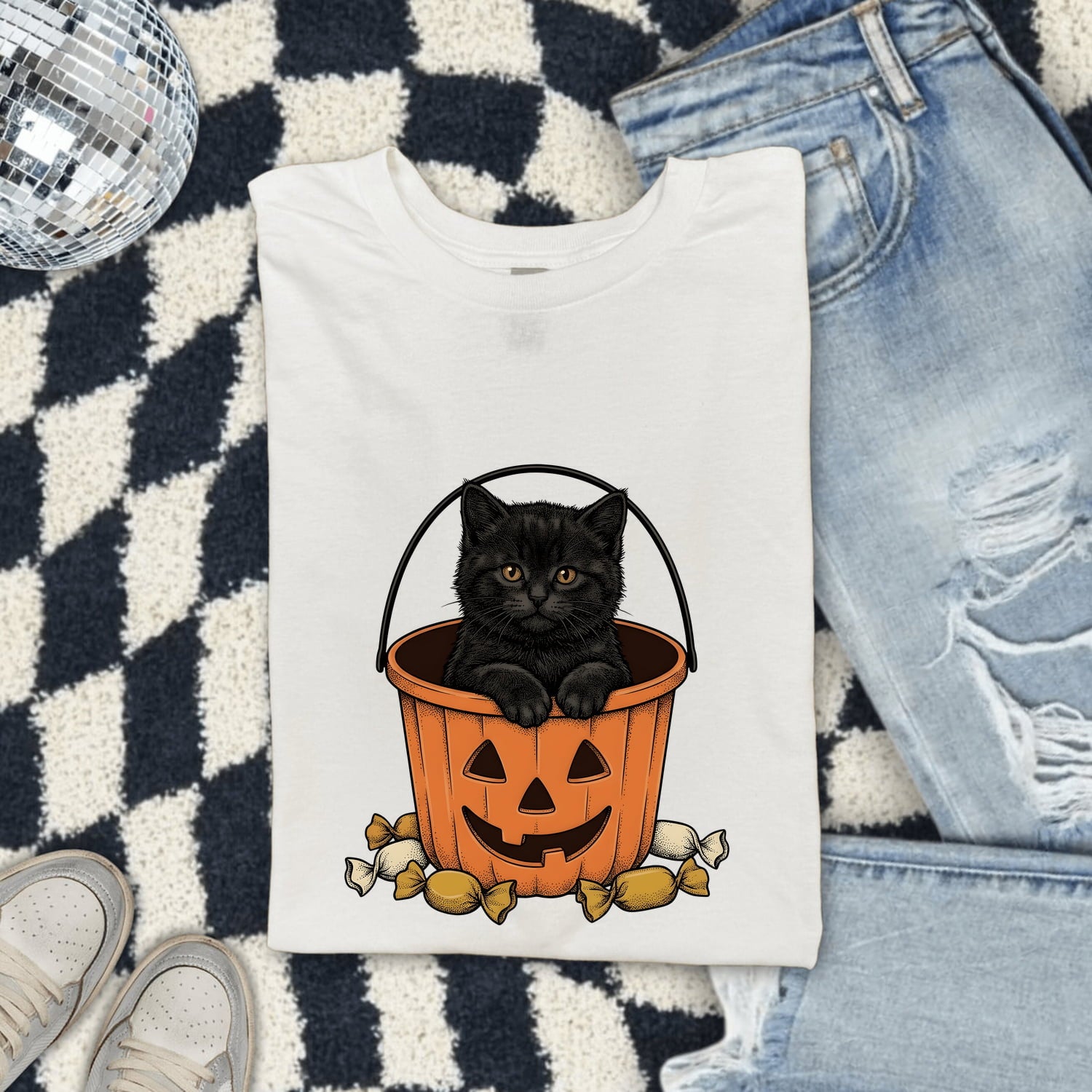 Black Cat Shirt Halloween Cat Gift Women Vintage Tee Kitty T-Shirt Horror Fan Retro Tshirt Feline Graphic Hand Drawn Pumpkin Bucket Tshirt