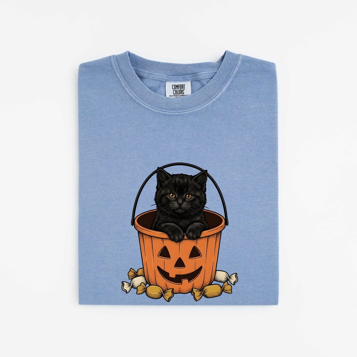 Black Cat Shirt Halloween Cat Gift Women Vintage Tee Kitty T-Shirt Horror Fan Retro Tshirt Feline Graphic Hand Drawn Pumpkin Bucket Tshirt