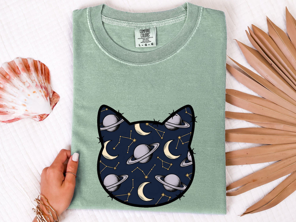 Celestial Cat Shirt for Women – Astrology Zodiac Galaxy Kitty Graphic Tee