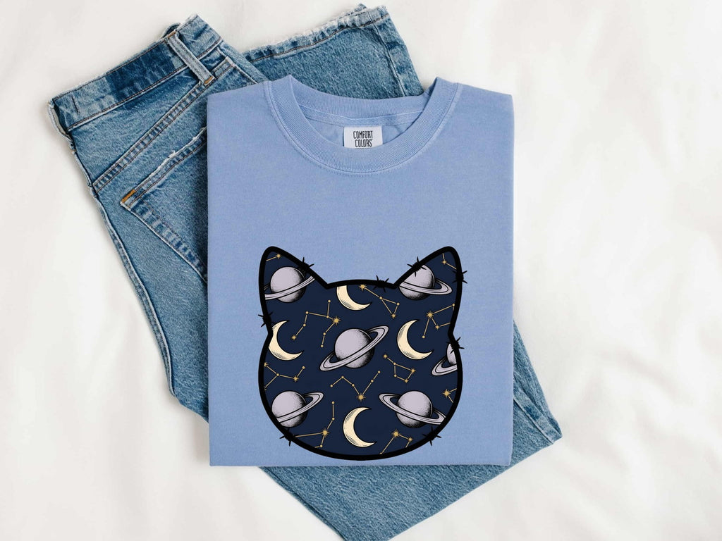 Celestial Cat Shirt for Women – Astrology Zodiac Galaxy Kitty Graphic Tee