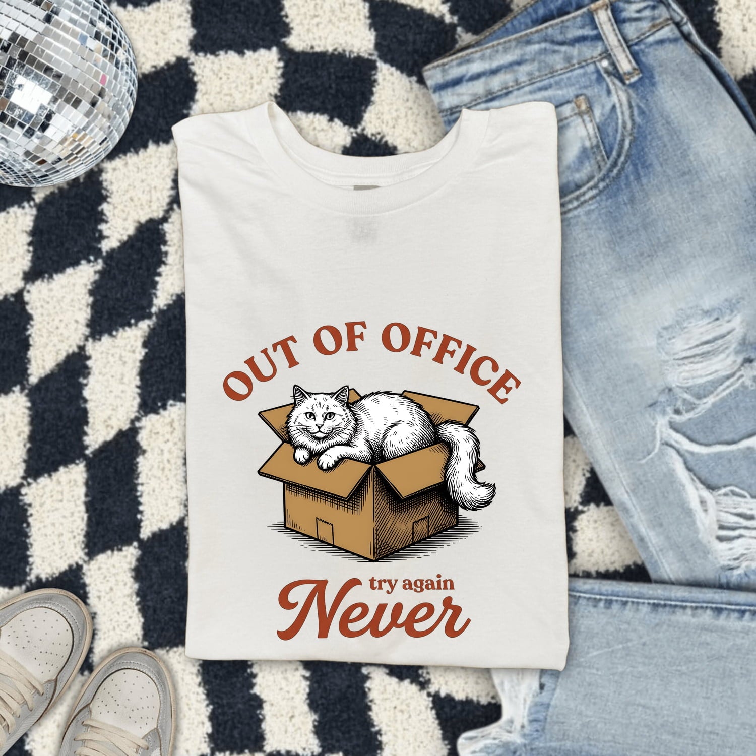 Cat Box Shirt for Women – Funny Vintage Cardboard Box Hand Drawn Graphic Tee