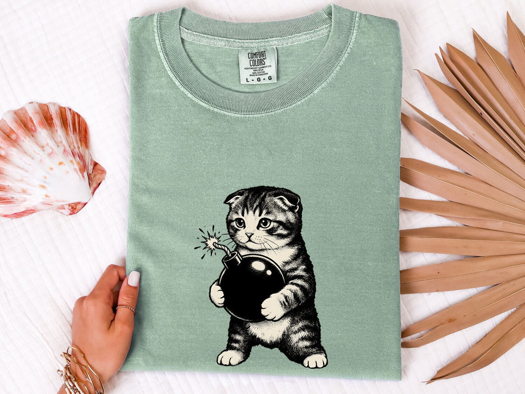 Funny Cat Shirt for Women – Retro Bomb Sketch Humor Kitty Graphic Tee