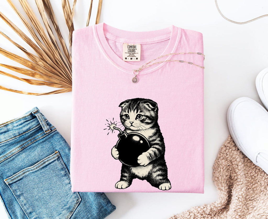 Funny Cat Shirt for Women – Retro Bomb Sketch Humor Kitty Graphic Tee