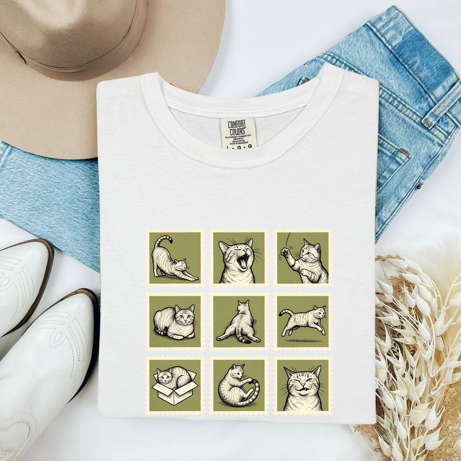 Cat Postage Stamp Shirt for Women – Minimalist Doodle Feline Graphic Tee
