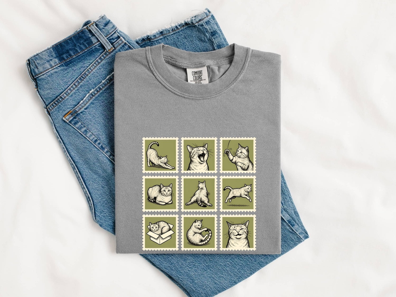 Cat Postage Stamp Shirt for Women – Minimalist Doodle Feline Graphic Tee