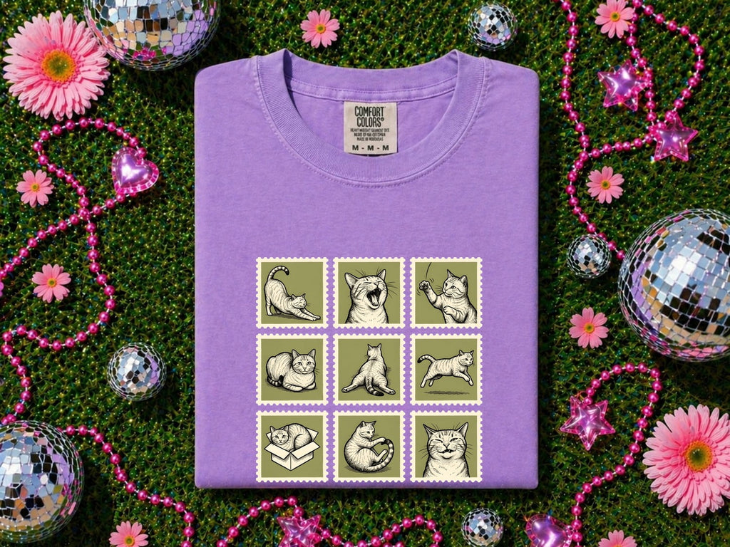 Cat Postage Stamp Shirt for Women – Minimalist Doodle Feline Graphic Tee