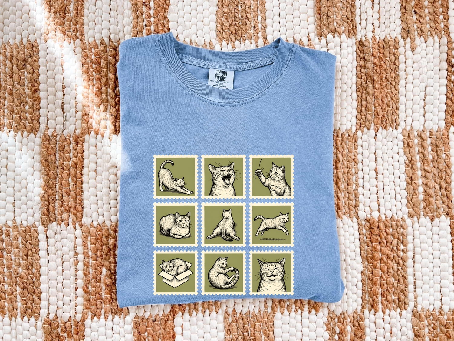 Cat Postage Stamp Shirt for Women – Minimalist Doodle Feline Graphic Tee