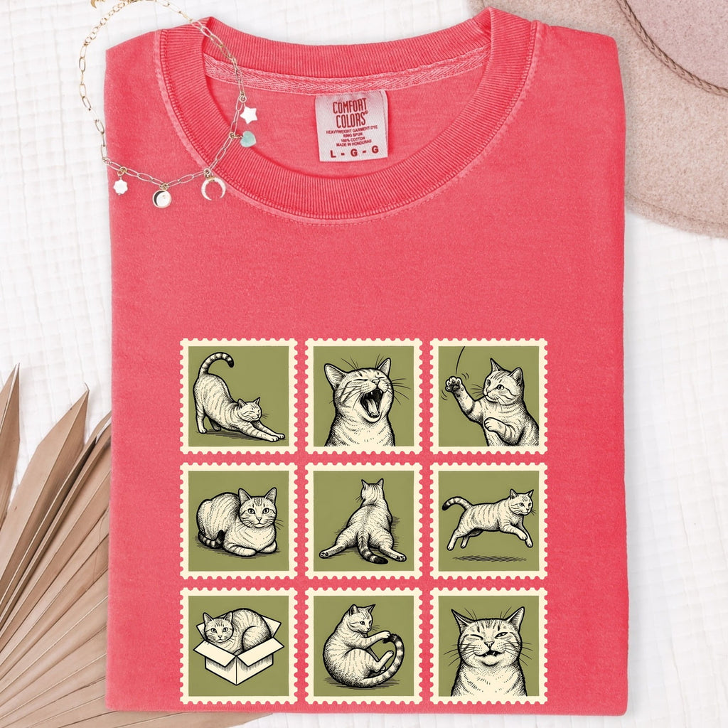 Cat Postage Stamp Shirt for Women – Minimalist Doodle Feline Graphic Tee