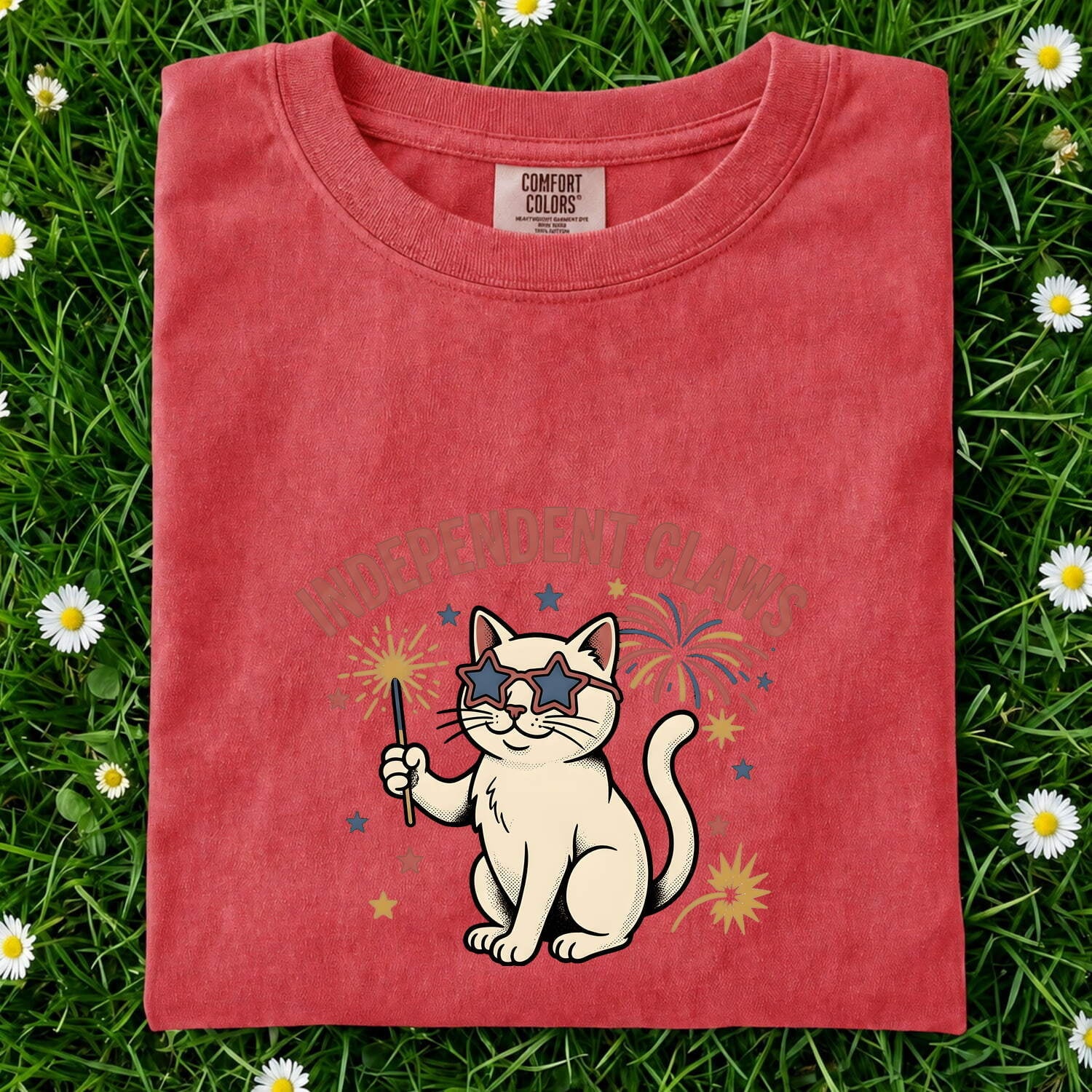4th of July Cat Shirt for Women – Patriotic Vintage Fireworks Kitty Graphic Tee