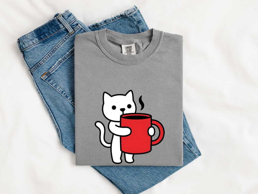 Cat Coffee Cup Shirt for Women – Kawaii Minimalist Feline Mug Graphic Tee