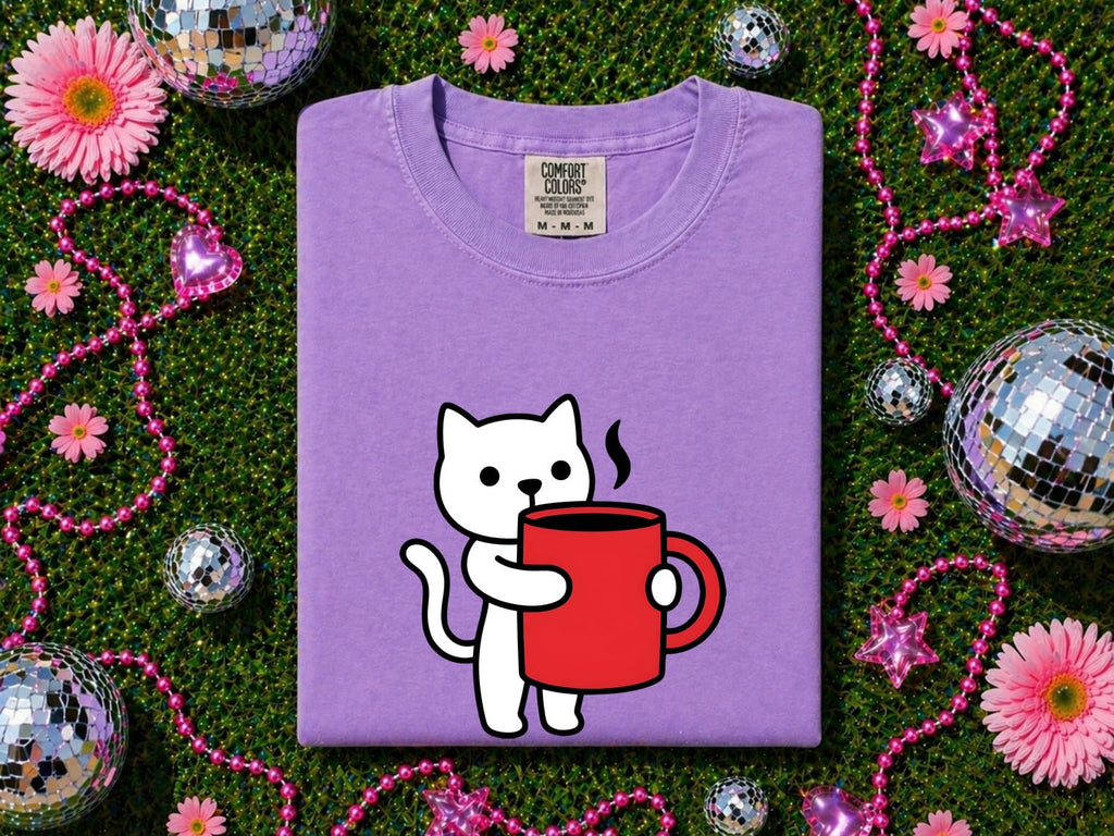 Cat Coffee Cup Shirt for Women – Kawaii Minimalist Feline Mug Graphic Tee