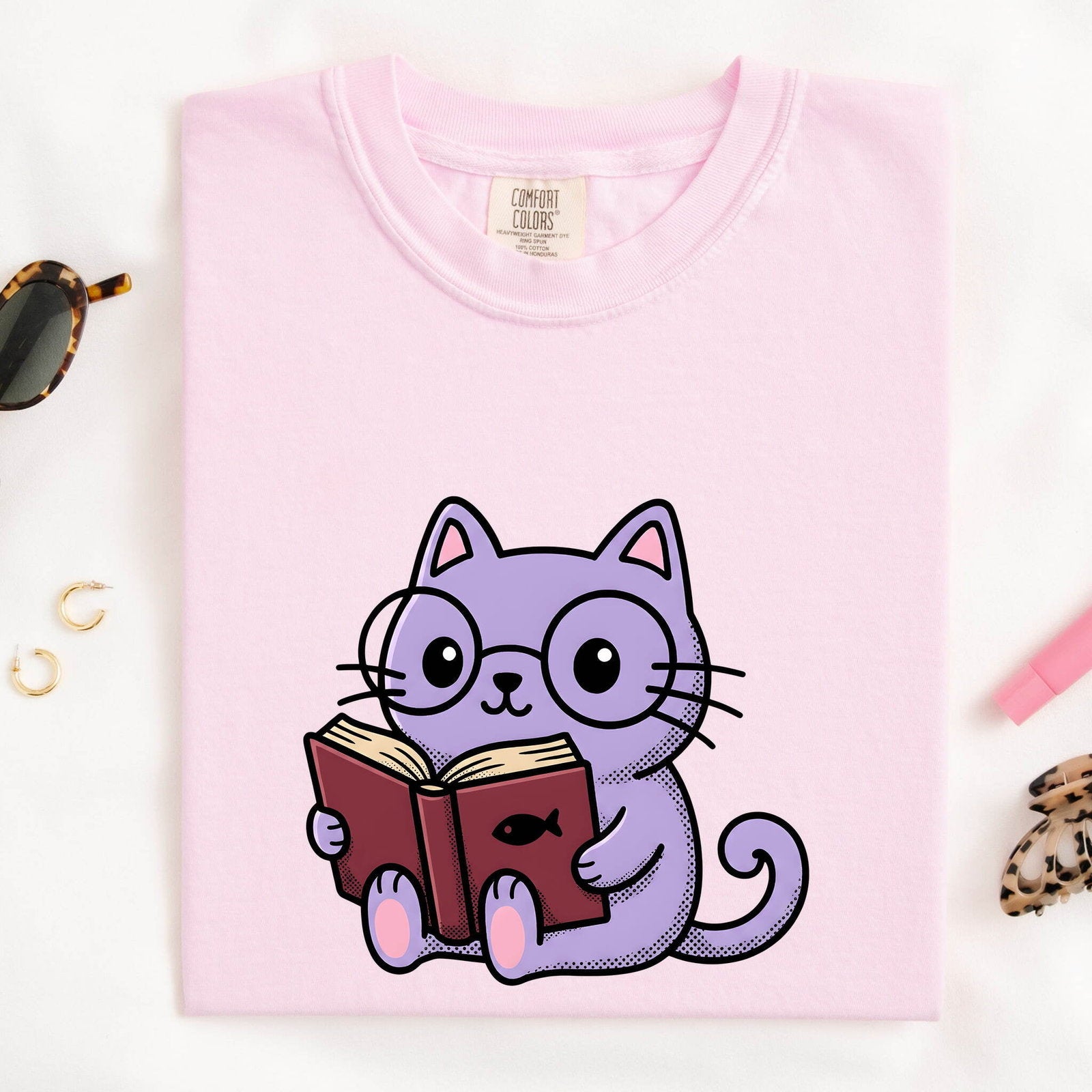 Cat Reading Shirt for Women – Kawaii Bookworm Kitten Cartoon Graphic Tee