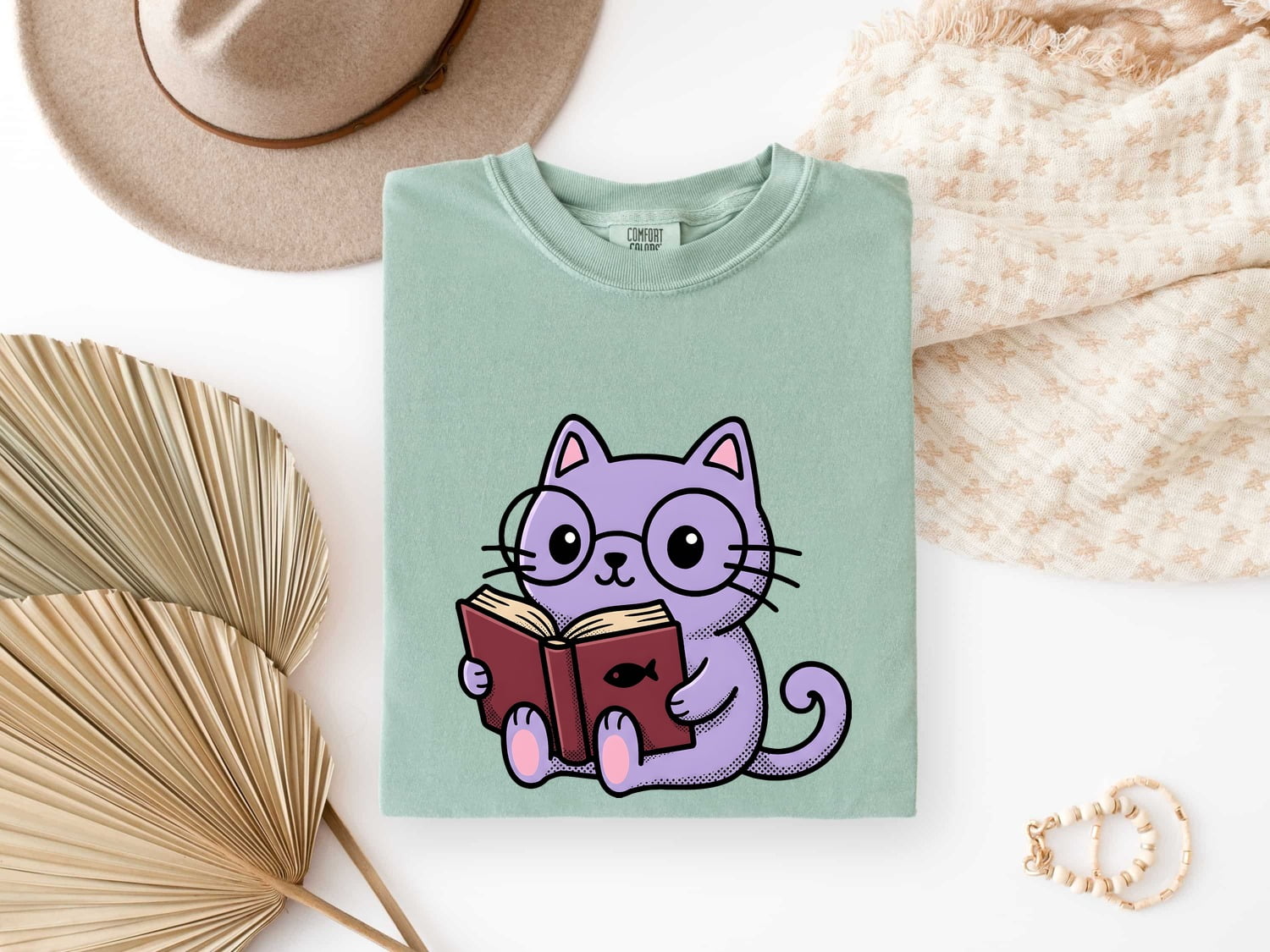 Cat Reading Shirt for Women – Kawaii Bookworm Kitten Cartoon Graphic Tee