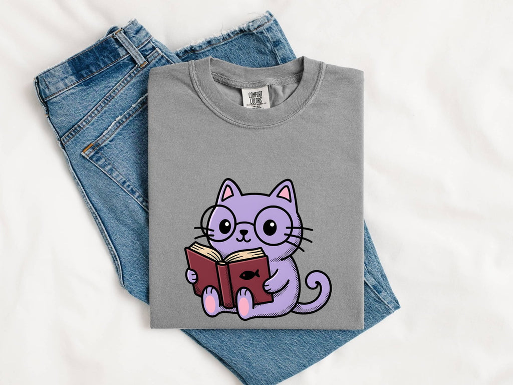 Cat Reading Shirt for Women – Kawaii Bookworm Kitten Cartoon Graphic Tee