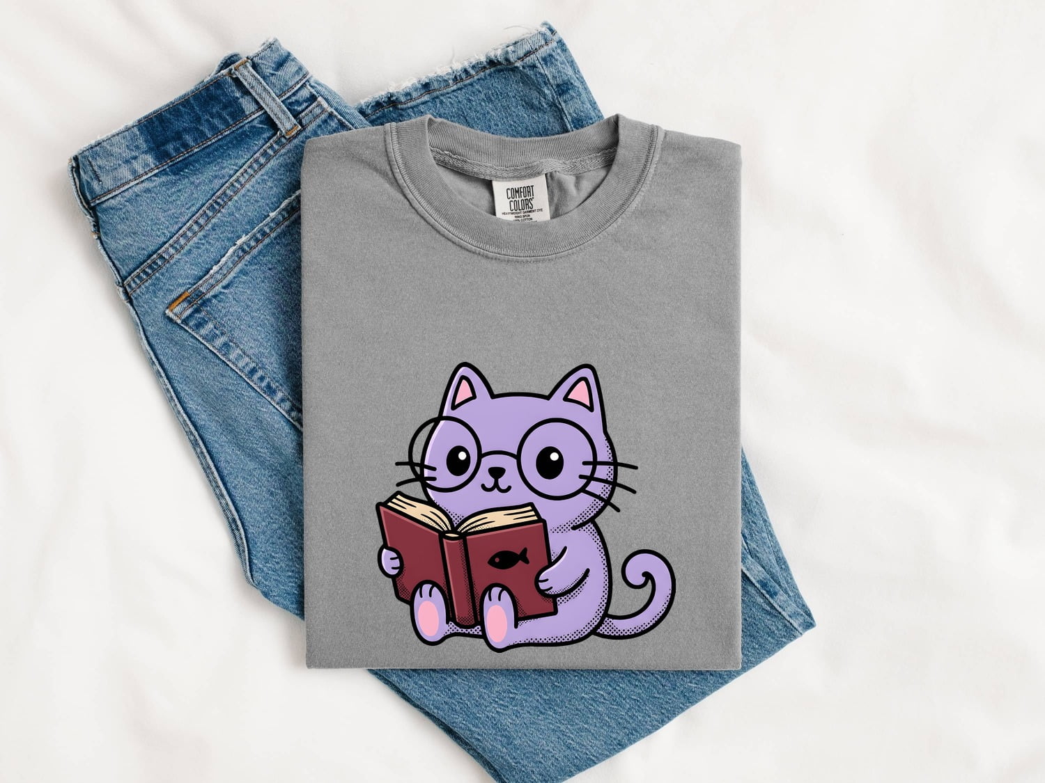 Cat Reading Shirt for Women – Kawaii Bookworm Kitten Cartoon Graphic Tee